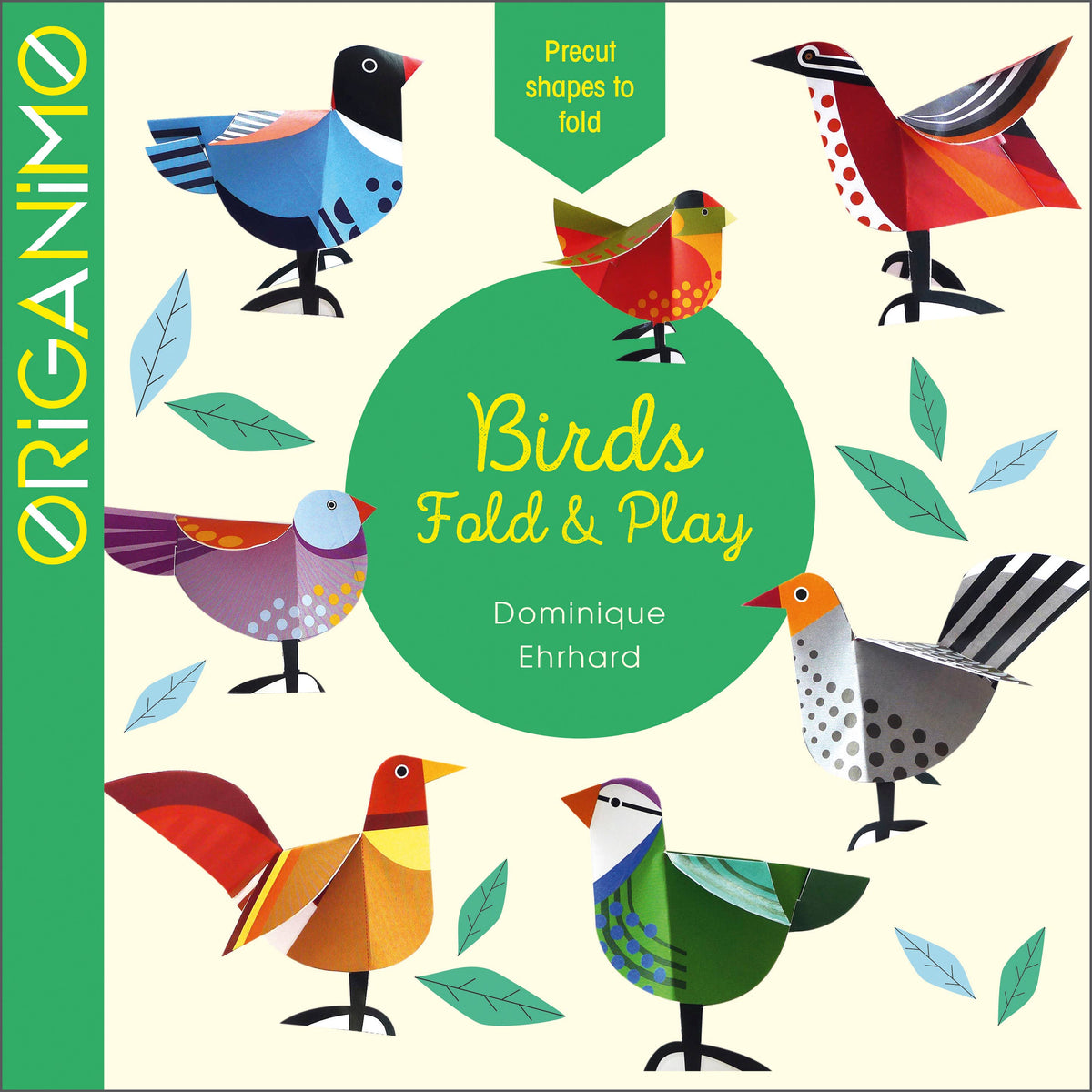 A colorful origami kit packaging featuring various imaginary birds and the text &#39;Birds Fold &amp; Play&#39; with the Origanimo brand logo.