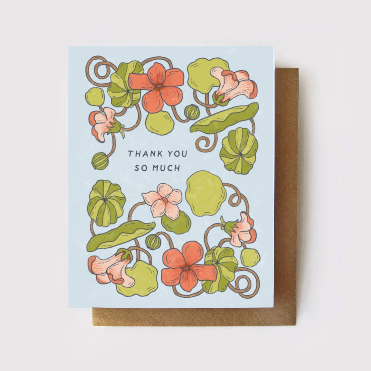 Greeting card with floral design and 'Thank you so much' text on a light blue background