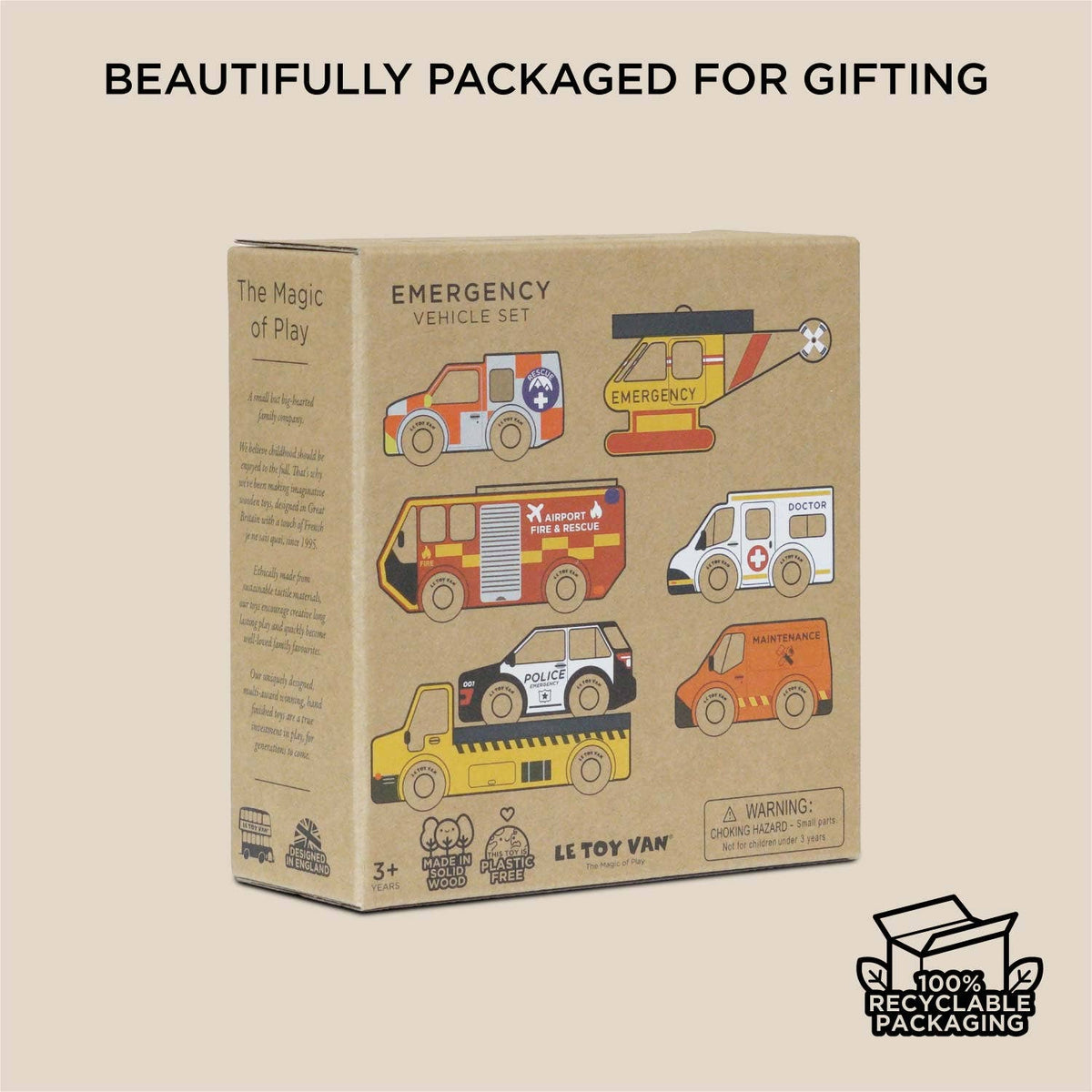 Le Toy Van emergency vehicle set packaging on a beige background