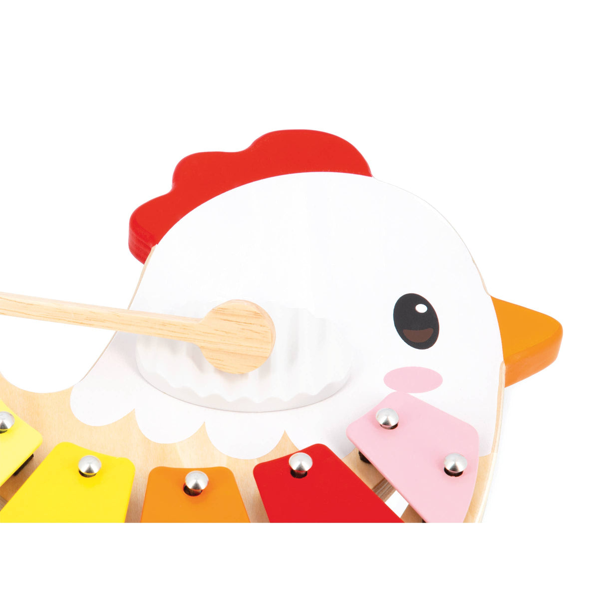 Colorful wooden toy shaped like a cartoon chicken on a white background