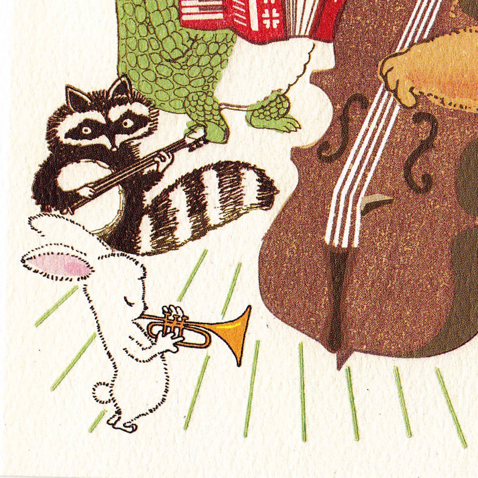Birthday card with cartoon animals playing instruments and 'Happy Birthday' banner.