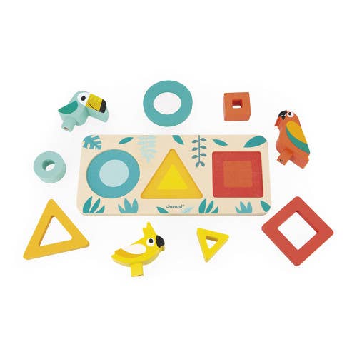 Wooden toy puzzle with three colorful parrot figures on a white background