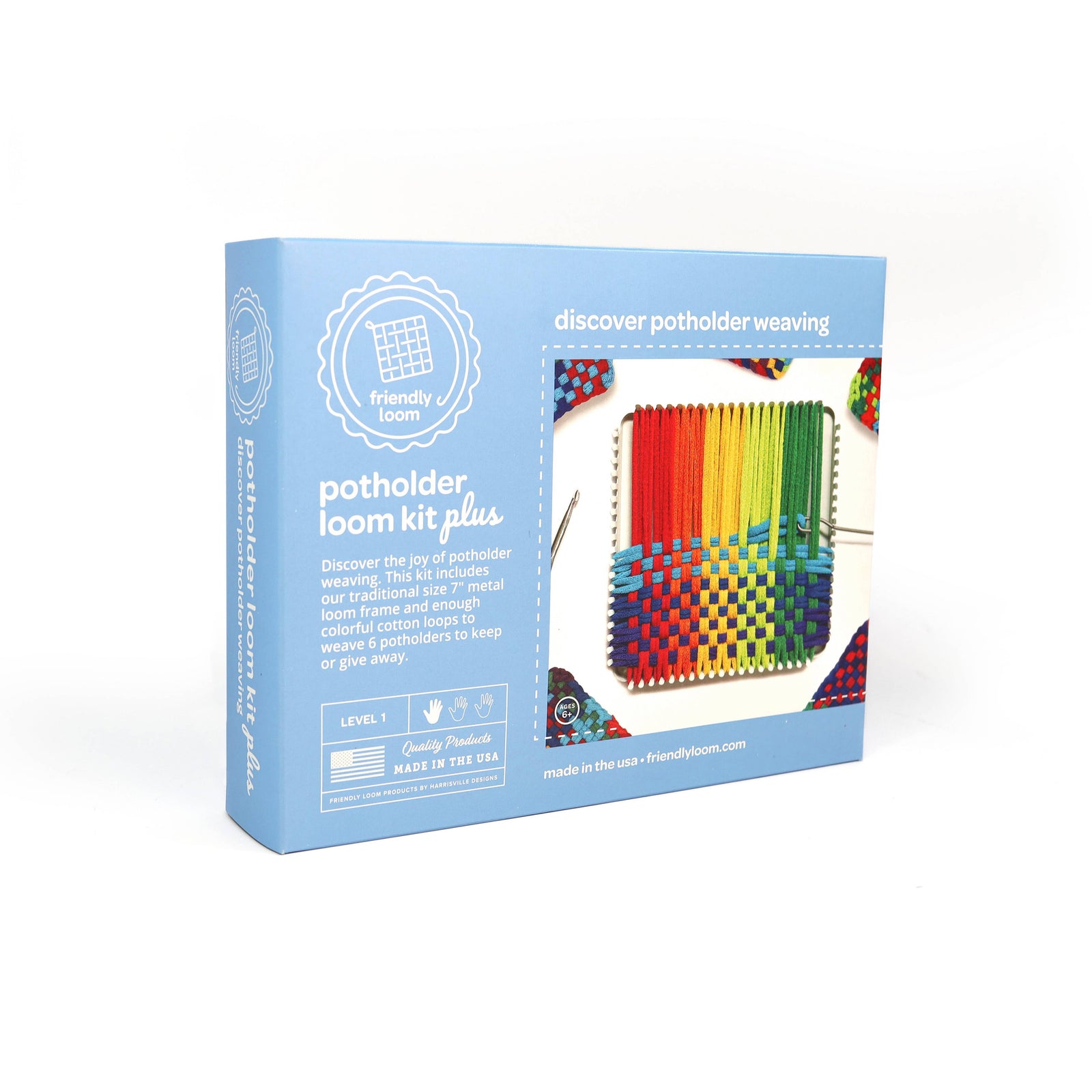 Potholder loom kit plus packaging on a white background