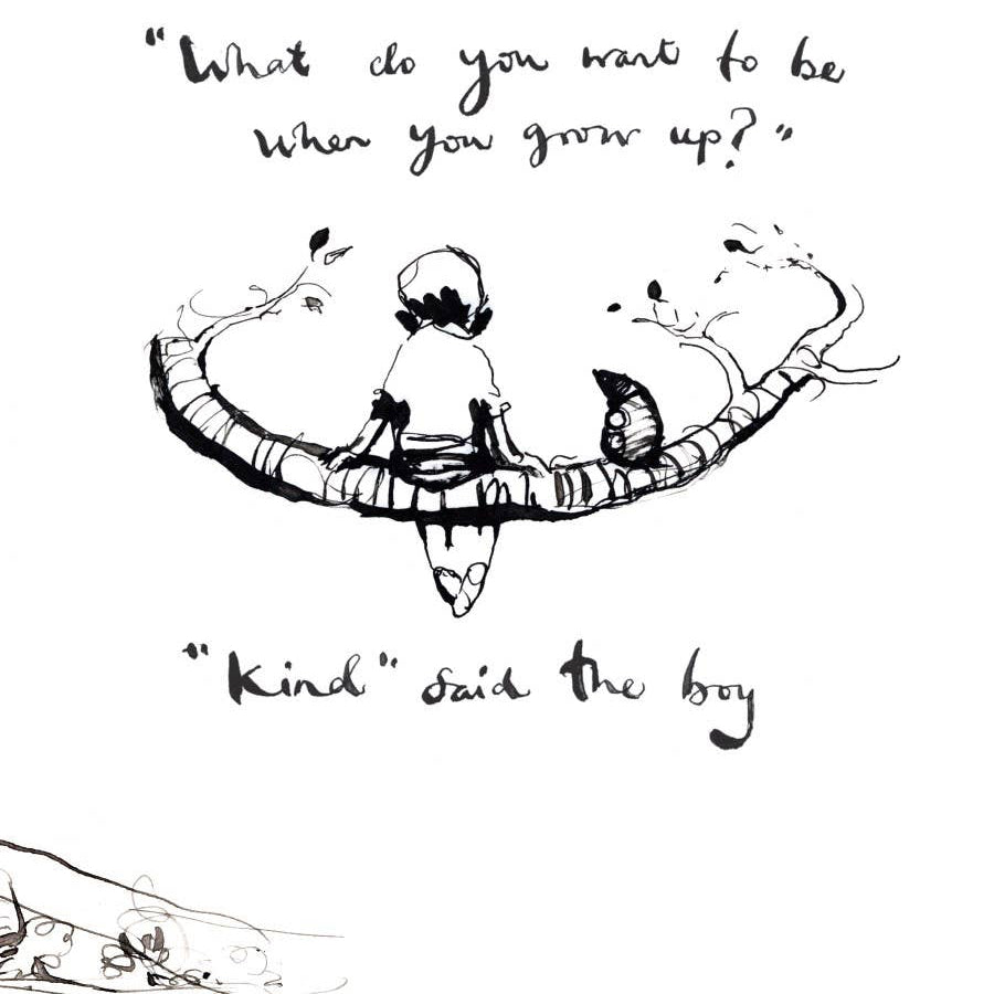 Black and white illustration of a child sitting on a branch with a quote below.