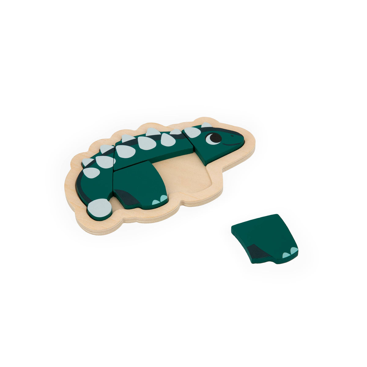 Wooden toy dinosaur with a missing puzzle piece on a white background