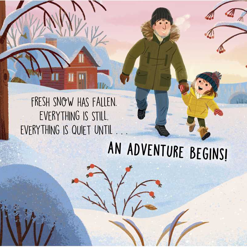 Illustration of two children walking in a snowy landscape with text about an adventure.