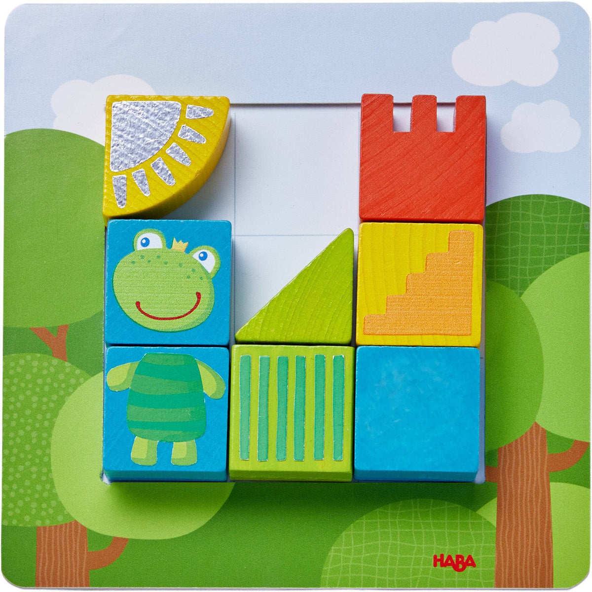 Colorful wooden blocks with animal designs on a children's book cover