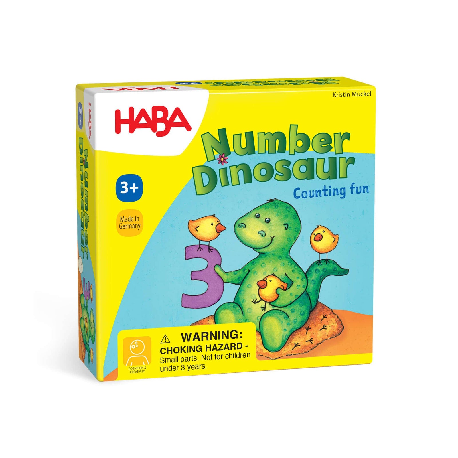 HABA Number Dinosaur toy packaging with a green dinosaur and two yellow chicks on a white background