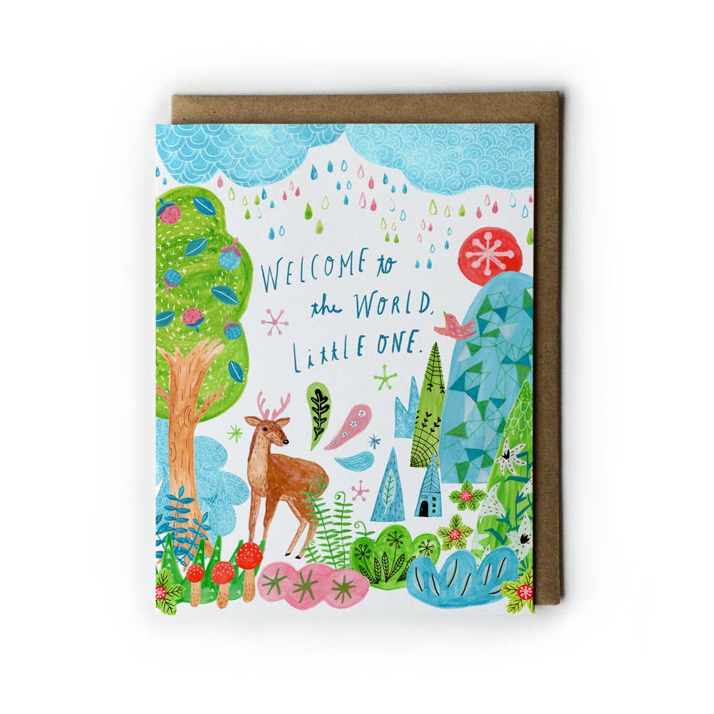 Colorful greeting card with a deer illustration and 'Welcome to the World, Little One' text on a white background.