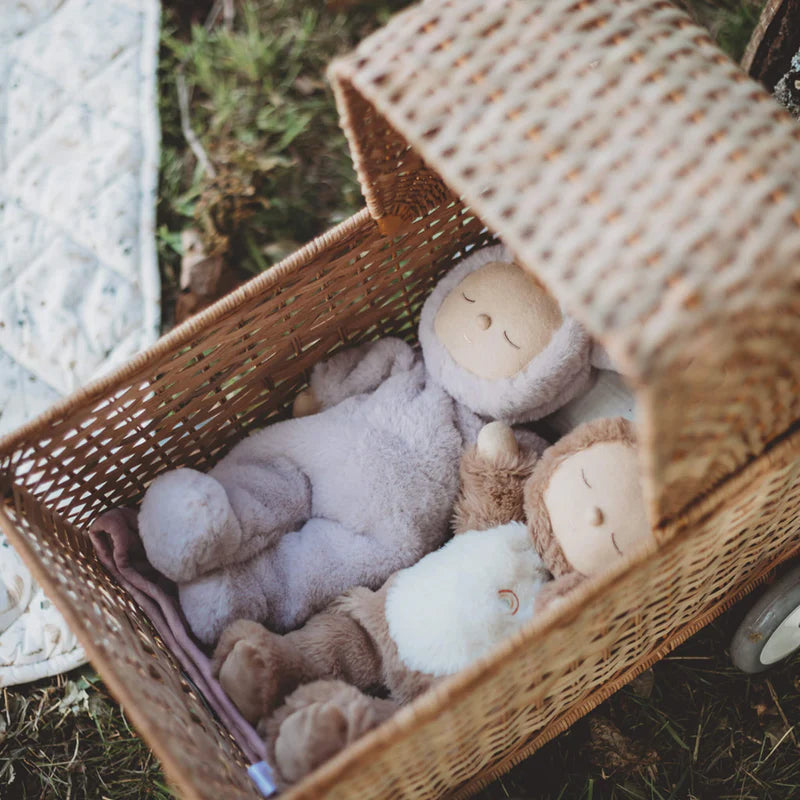 Wicker basket with plush toys on a grassy background