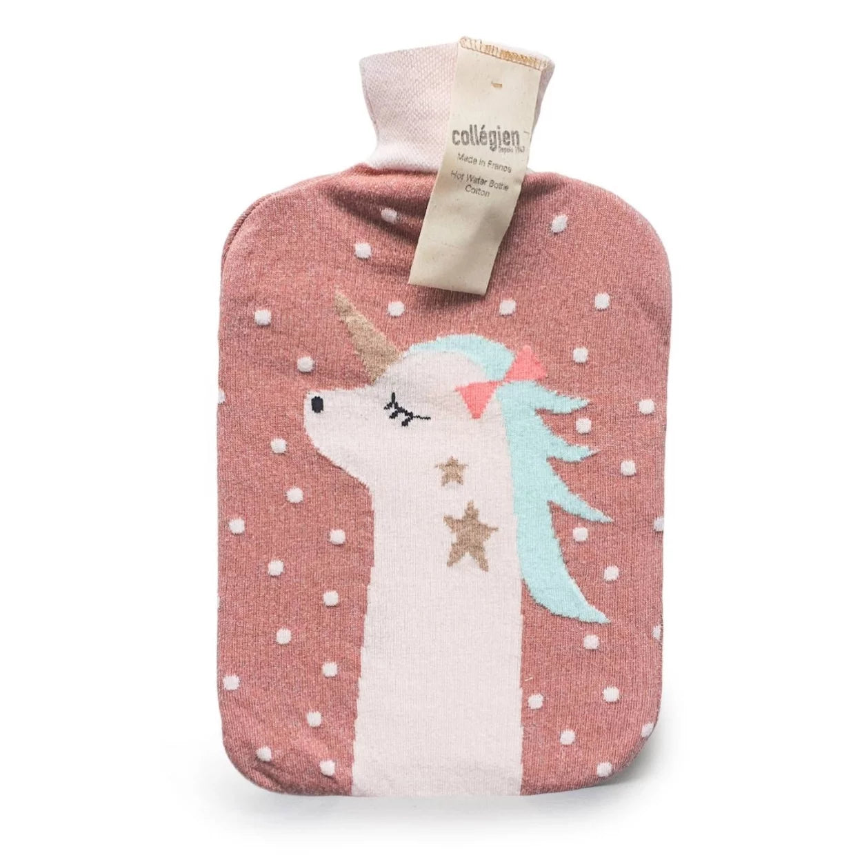 Pink hot water bottle cover with unicorn design and 'Collégien' tag on a white background
