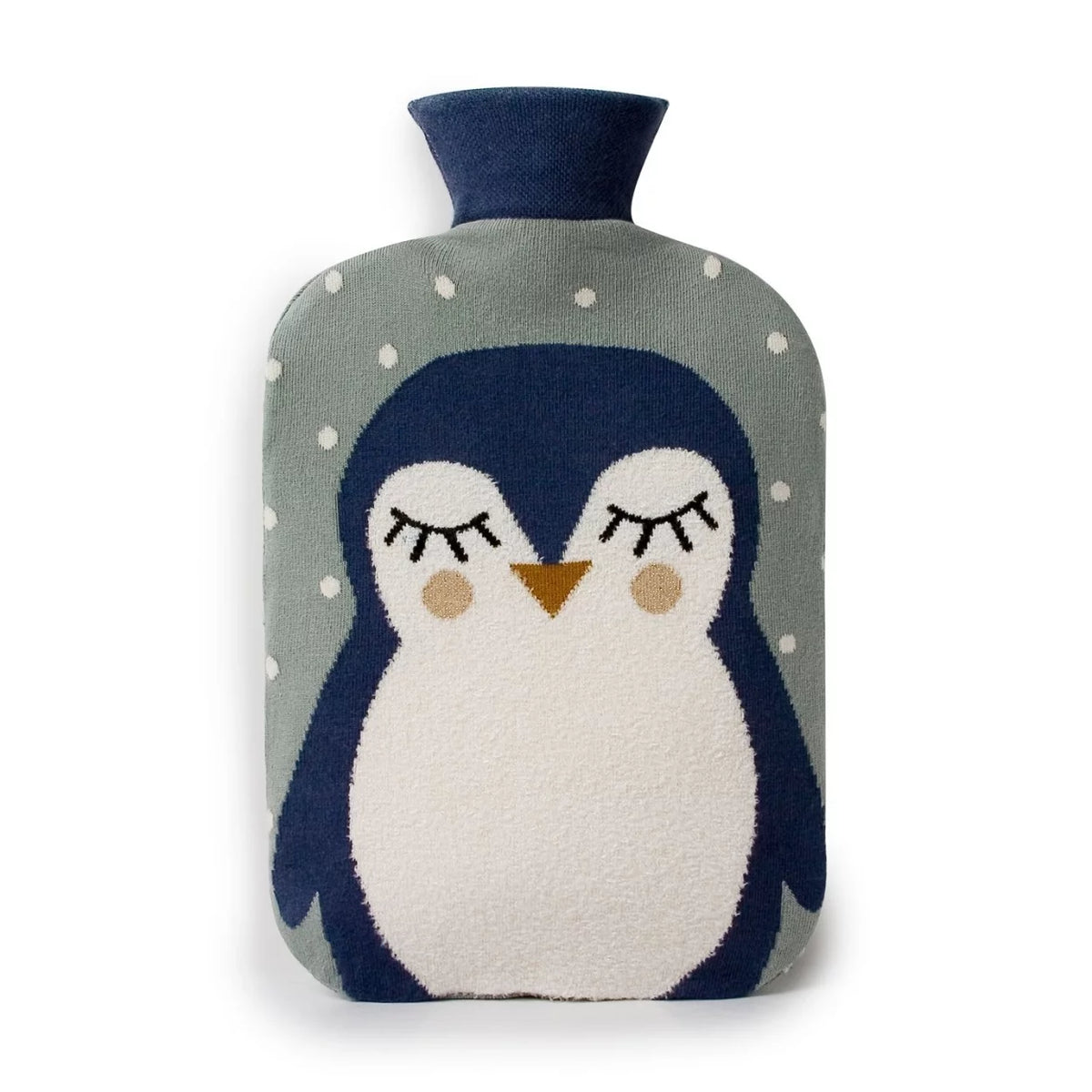 Hot water bottle with a penguin design on a white background