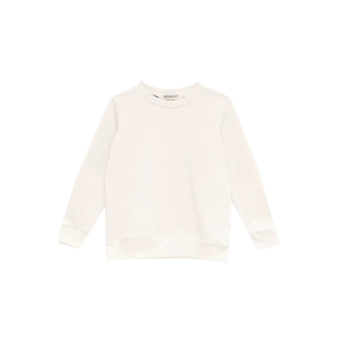 A cream-colored long-sleeve crewneck sweatshirt shown flat against a solid white background.