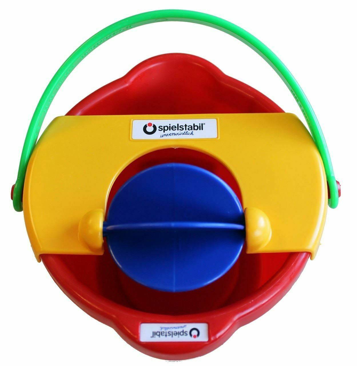 A three-piece sand and water play toy set including a red bucket, a blue scoop, and a yellow mill.