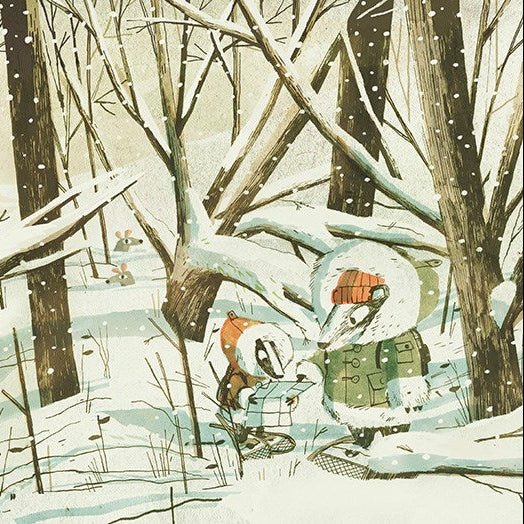 Two cartoon characters in a snowy forest with a unique case cover text.