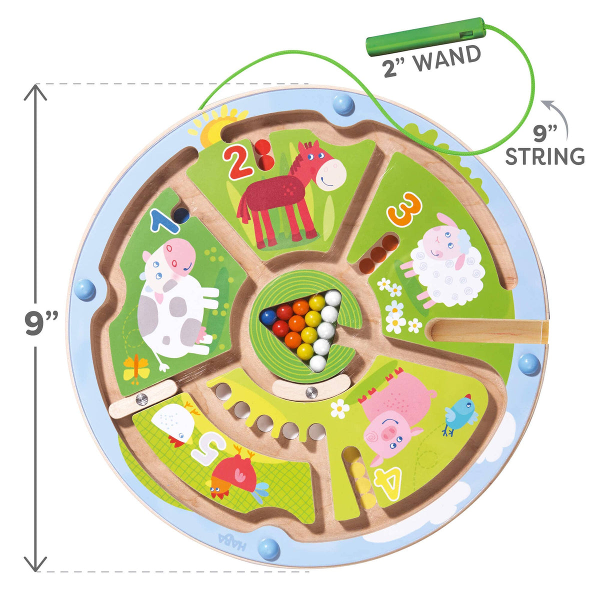 Children's educational toy with farm animals and numbers, featuring a 2-inch wand and 9-inch string.