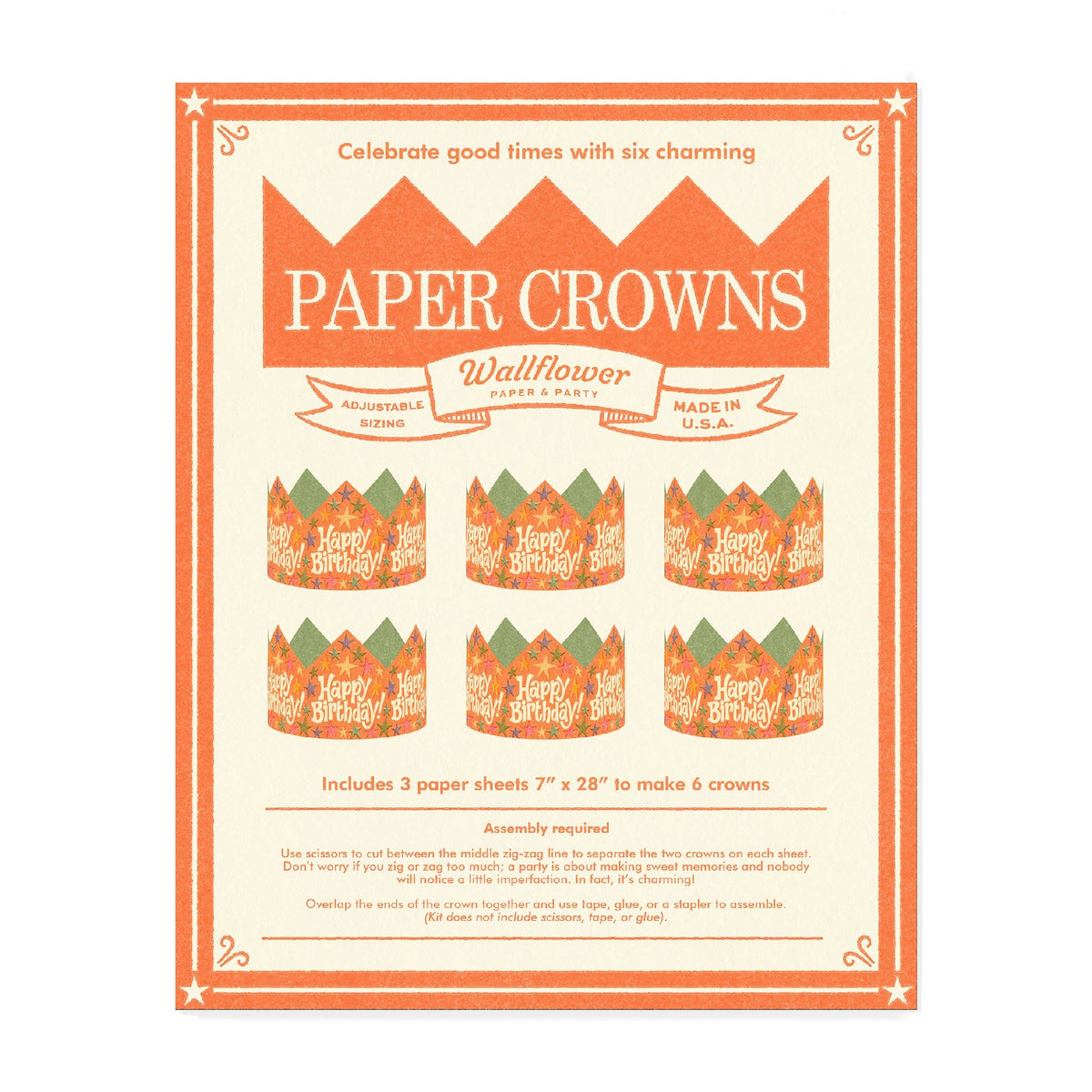 A printed paper crown kit card titled 'PAPER CROWNS' with decorative orange border and illustrations of six paper crown templates on a cream background.