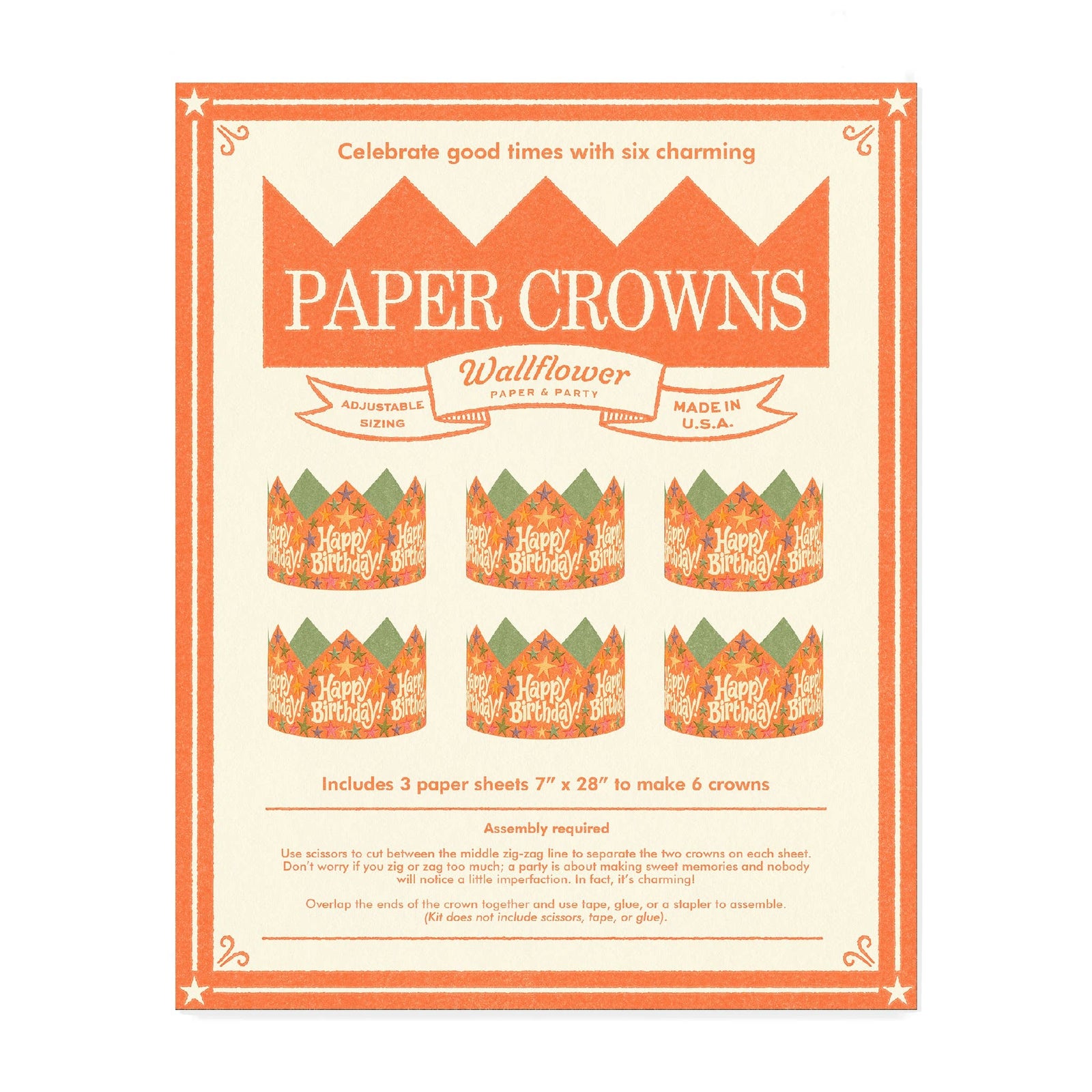 A printed paper crown kit card titled 'PAPER CROWNS' with decorative orange border and illustrations of six paper crown templates on a cream background.