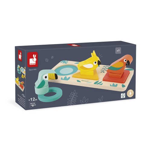 Toy packaging with colorful parrot figures on a white background