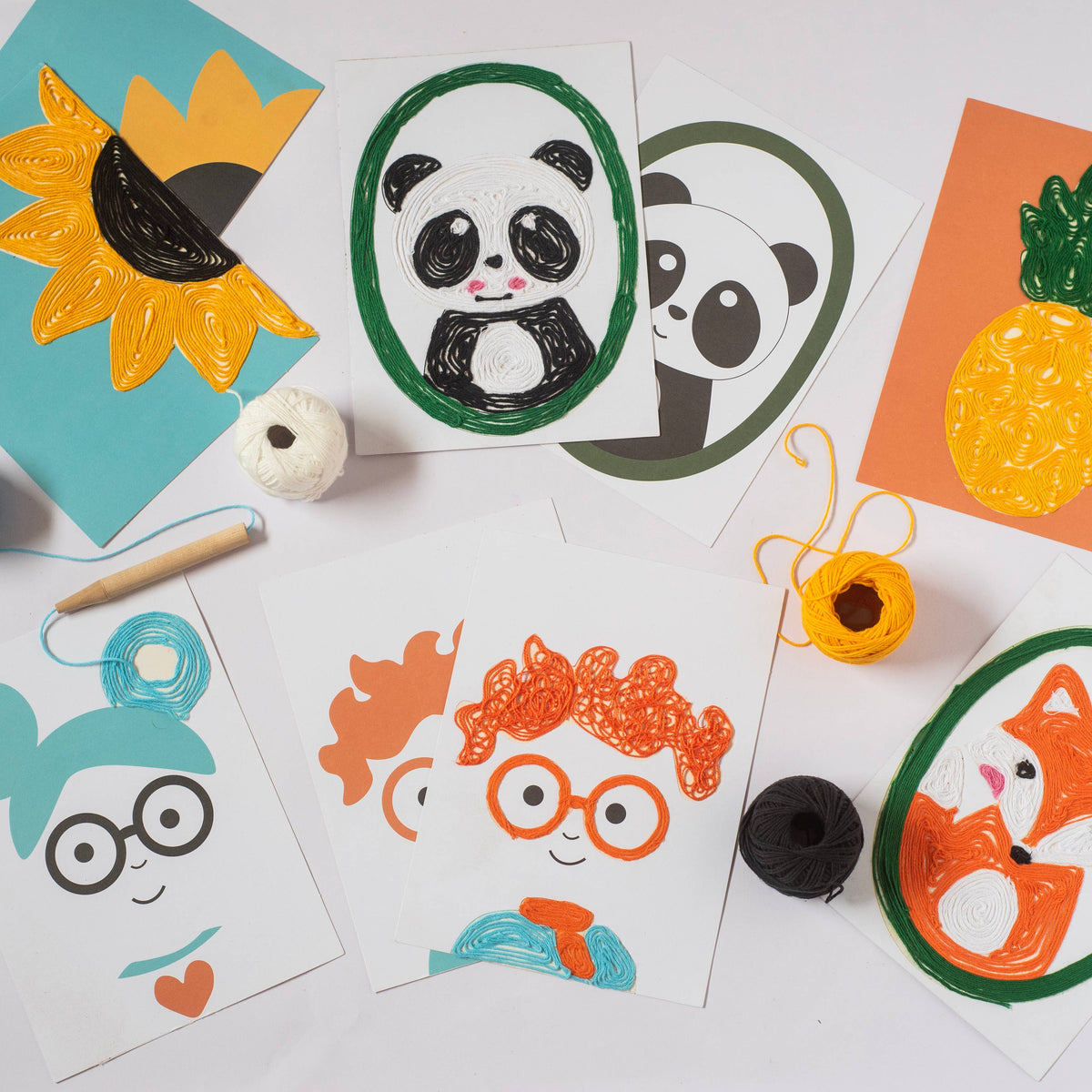Children's art projects including panda, fox, and sunflower designs on a white background.