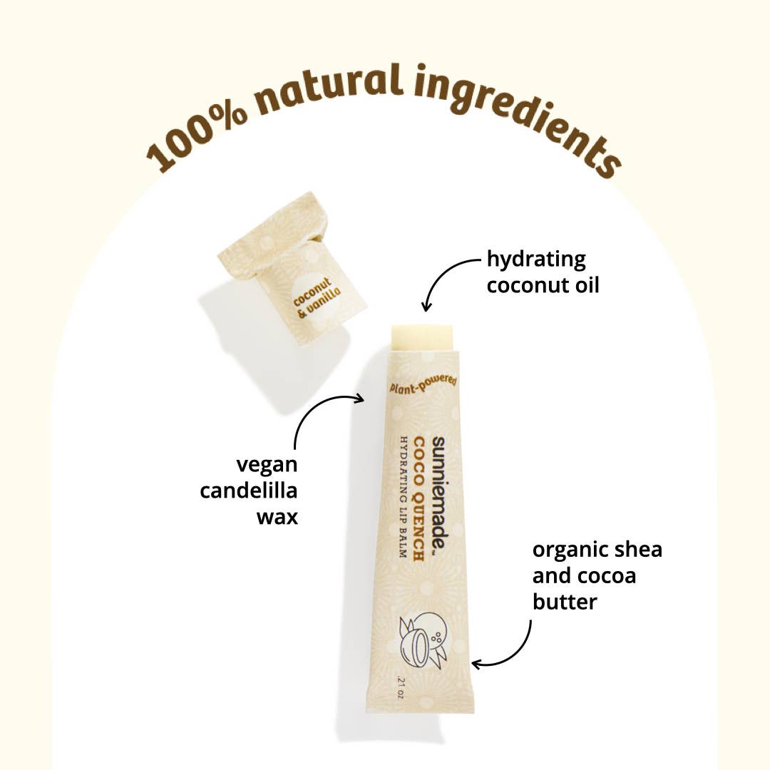 Sunnymade coco quench lip balm on a split coconut with vanilla beans on a beige background