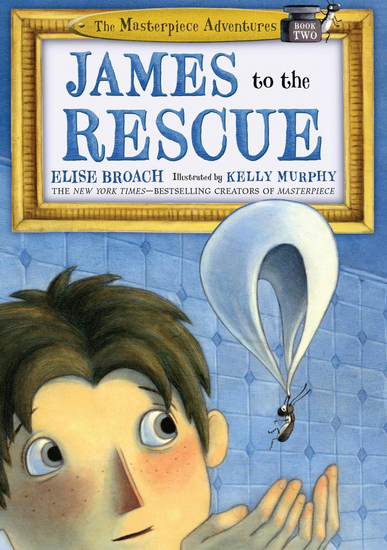 Book cover of 'James to the Rescue' with a boy and balloon illustration.