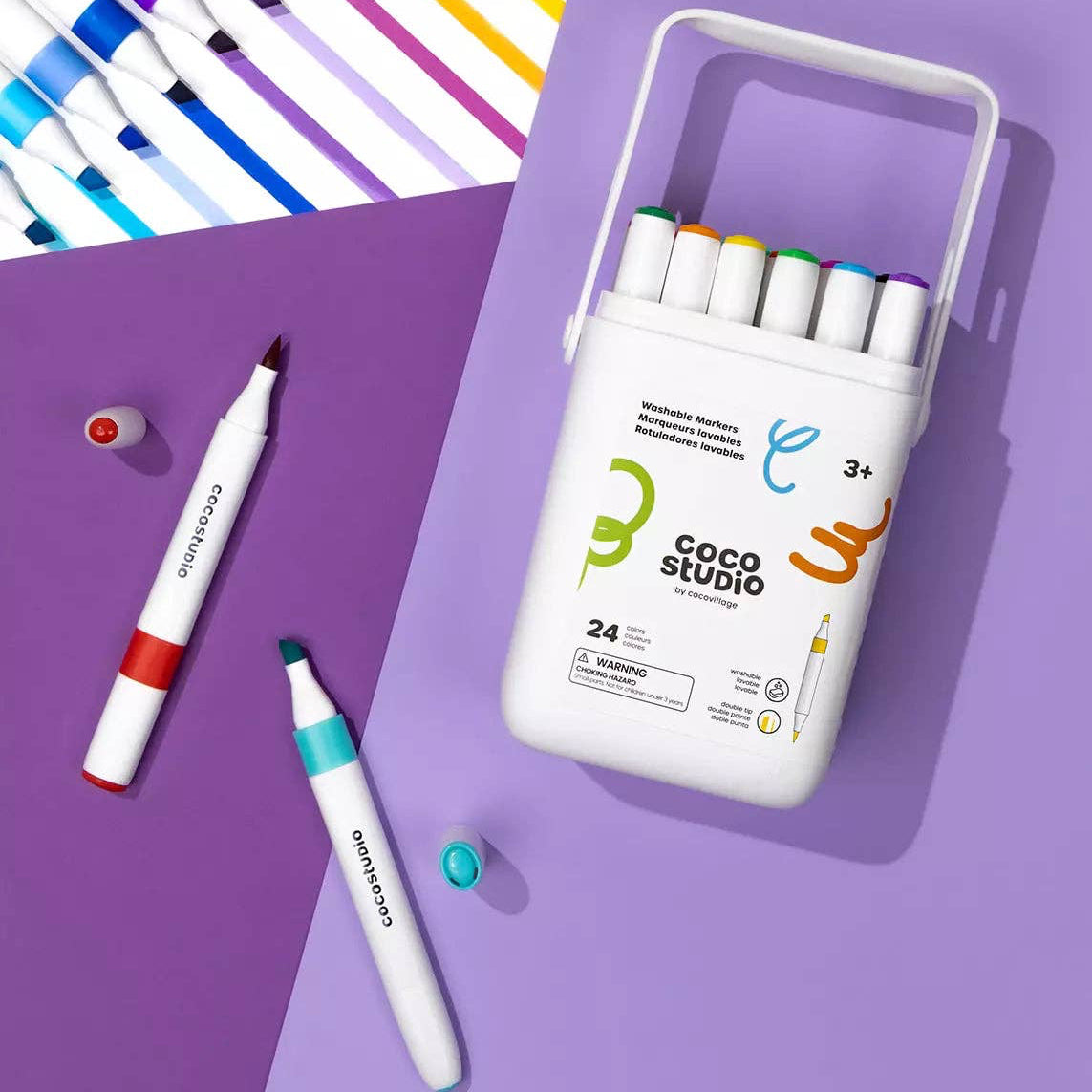 Set of markers with a color swatch on a purple background