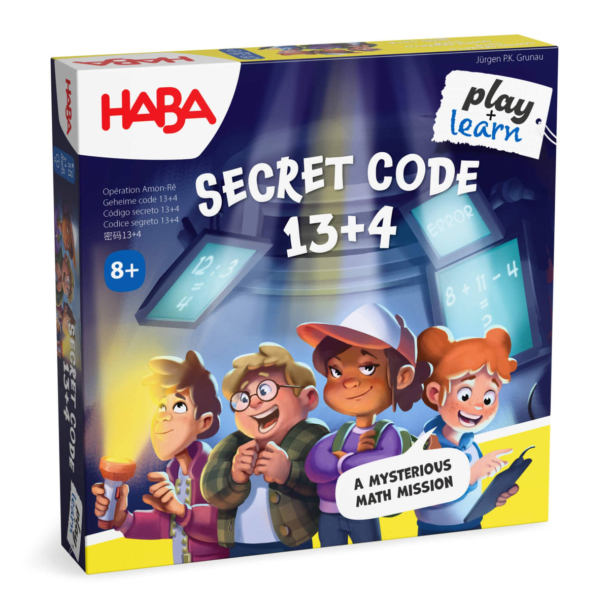 HABA Secret Code 13+4 educational game box with children and math-themed design