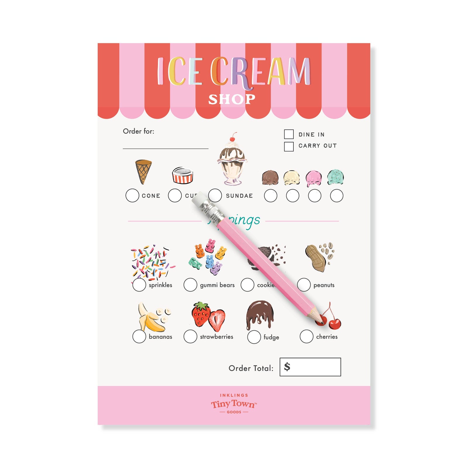 Ice cream shop order form with checkboxes and a pink pencil on a white background