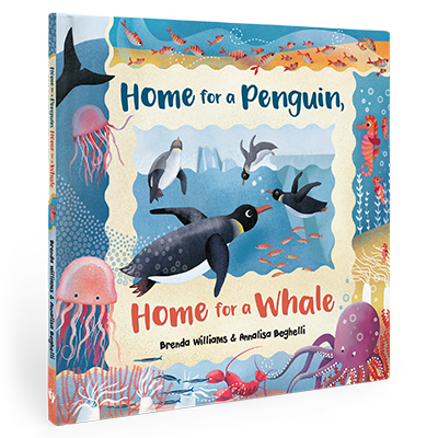 Book cover of 'Home for a Penguin, Home for a Whale' with penguins and whale illustrations.