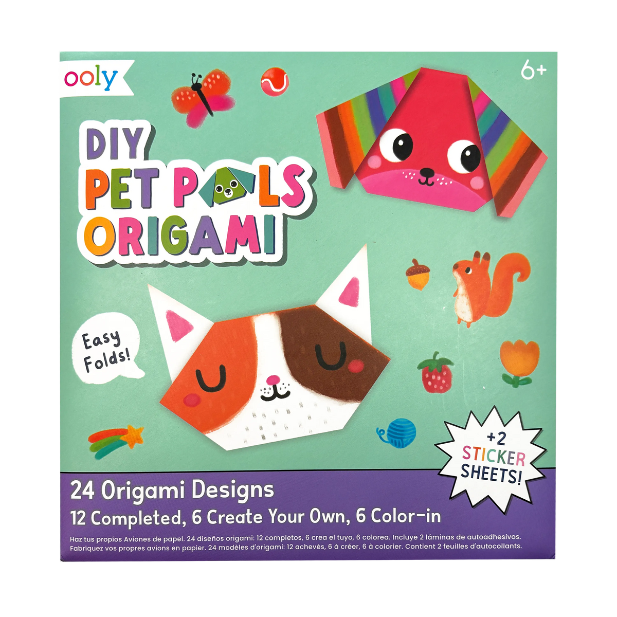 Ooly DIY Pet Pals Origami kit packaging with colorful origami animals on a green background