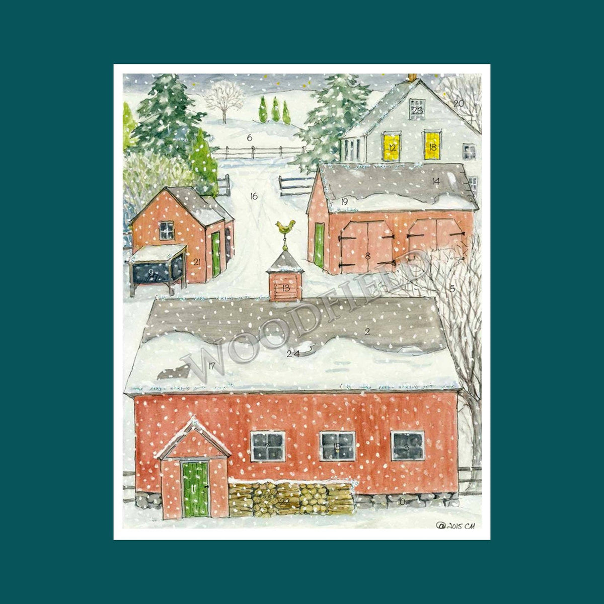 A watercolor-style winter farm scene print showing red-orange barns and sheds with snow-covered roofs, evergreen trees, and falling snow. The artwork is centered on a dark teal background with a white border around the print.