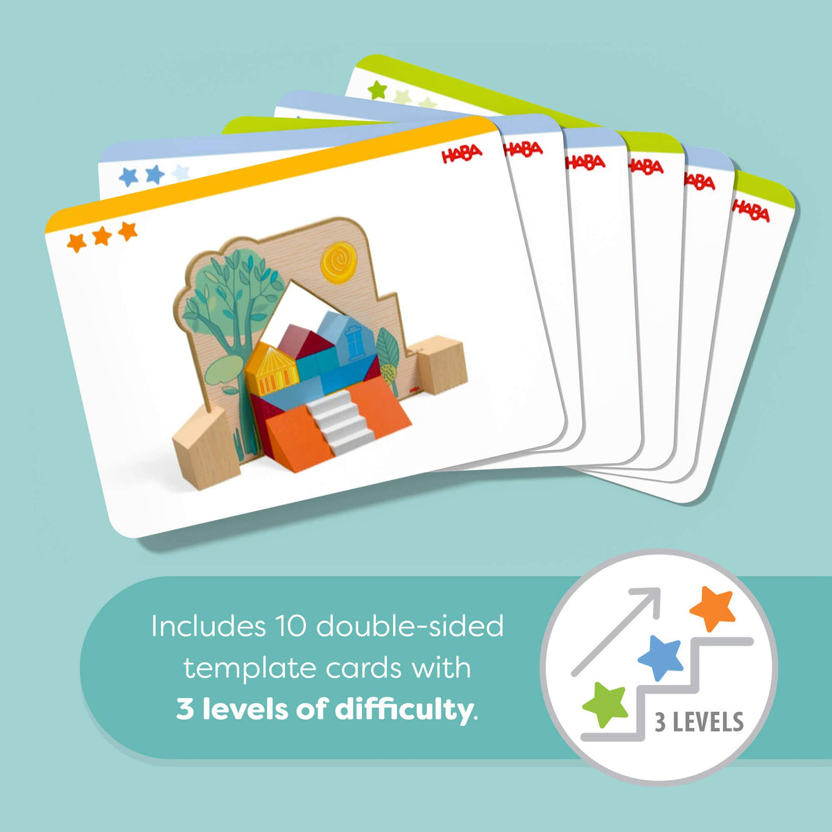 A fan of HABA template cards with colorful illustrated faces, shown on a light blue background with text stating it includes 10 double-sided template cards with 3 levels of difficulty.