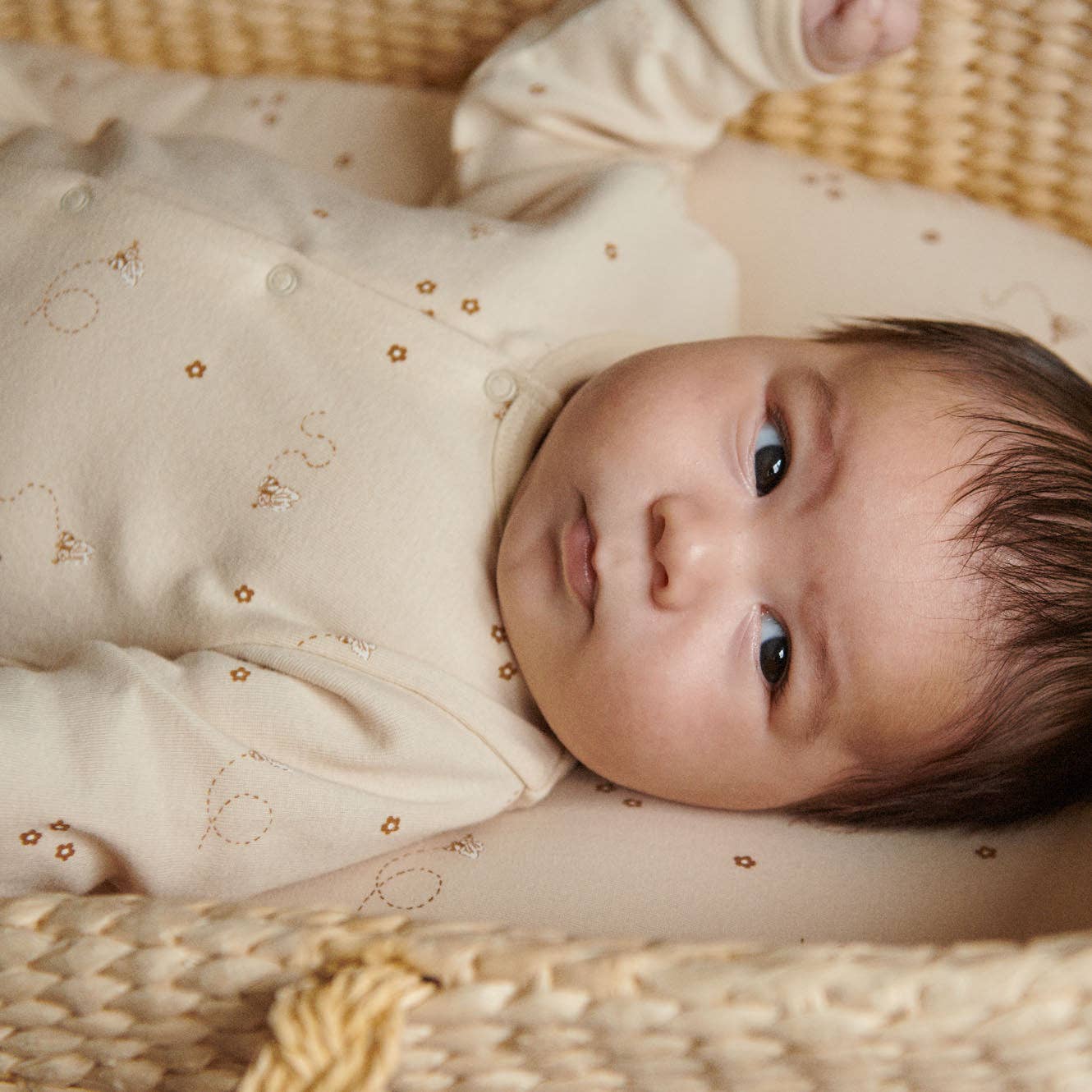Newborn baby in a woven crib with brown bedding