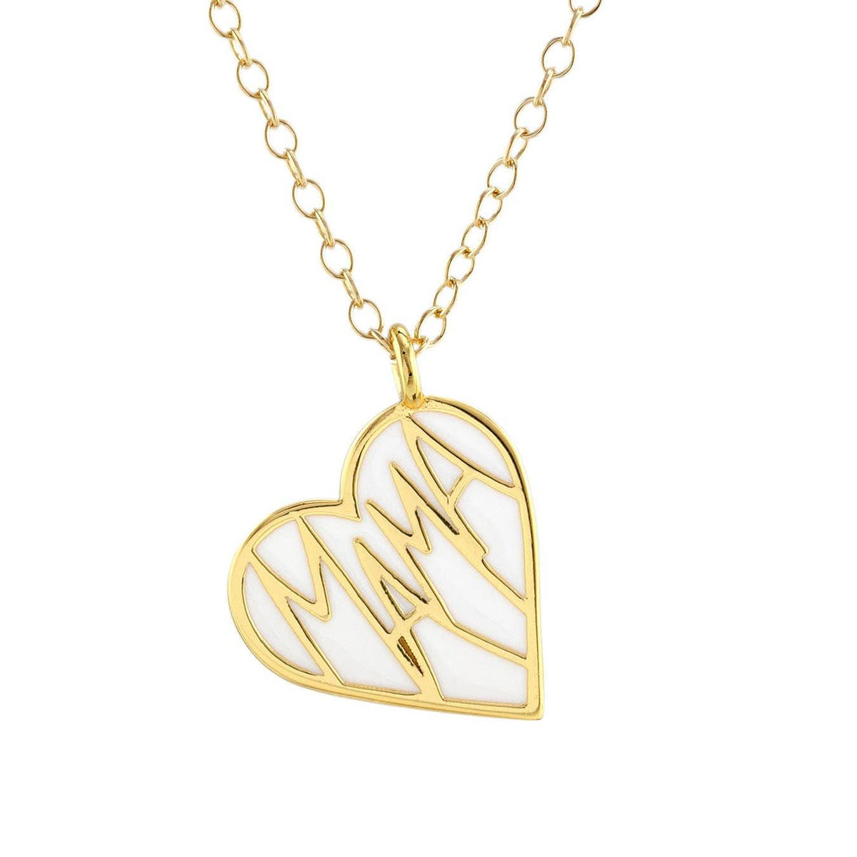 Gold necklace with a heart-shaped pendant on a white background
