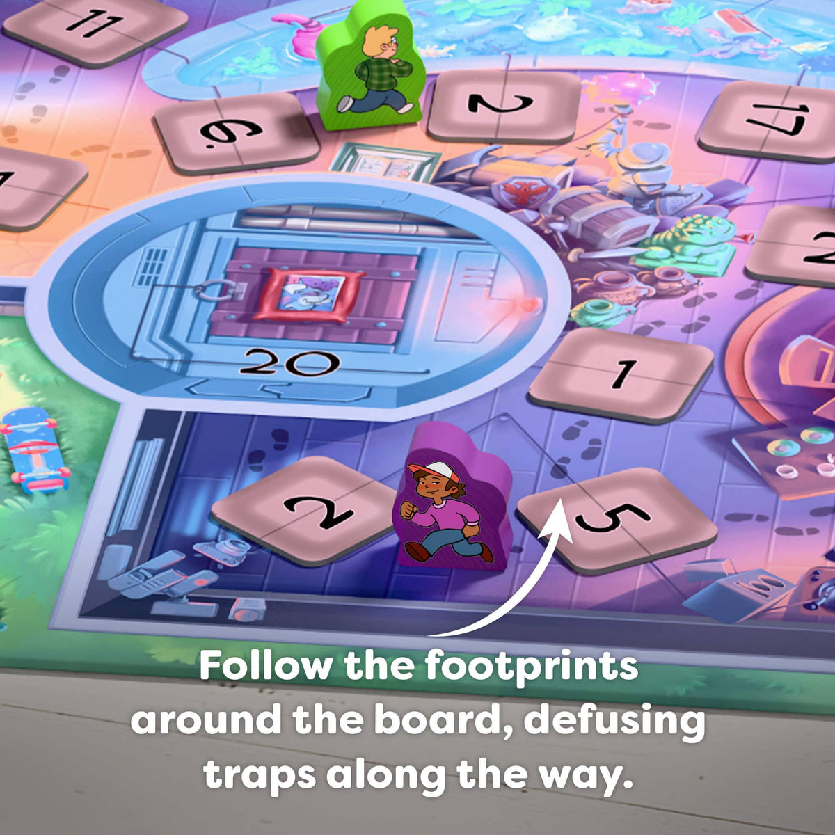 Board game with characters and text instructions on a colorful board