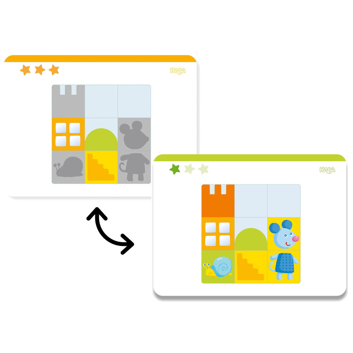 Two children's educational cards with colorful illustrations on a white background