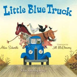 Book cover of 'Little Blue Truck' with animals on a blue truck against a yellow background.