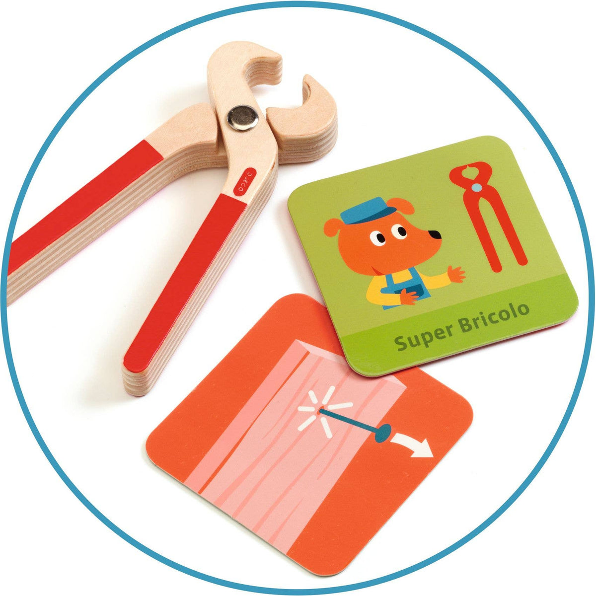 Toy wrench and cards with cartoon character and tool illustration on a white background