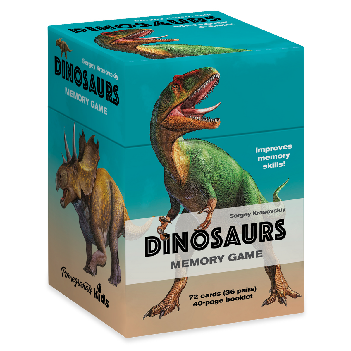 Dinosaurs memory game packaging with images of dinosaurs on a blue and beige background