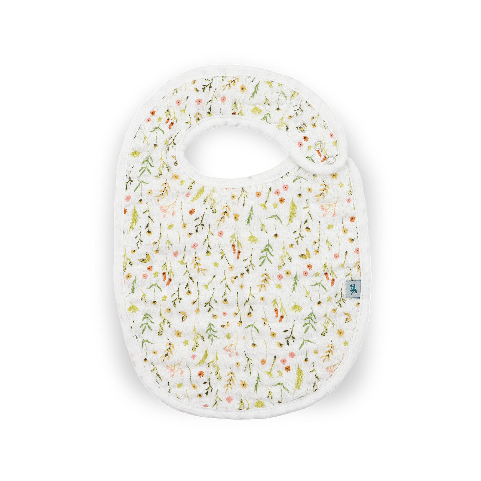 Three reusable baby bibs stacked on a white background. The top bib is white with a delicate multicolor floral and leaf print.