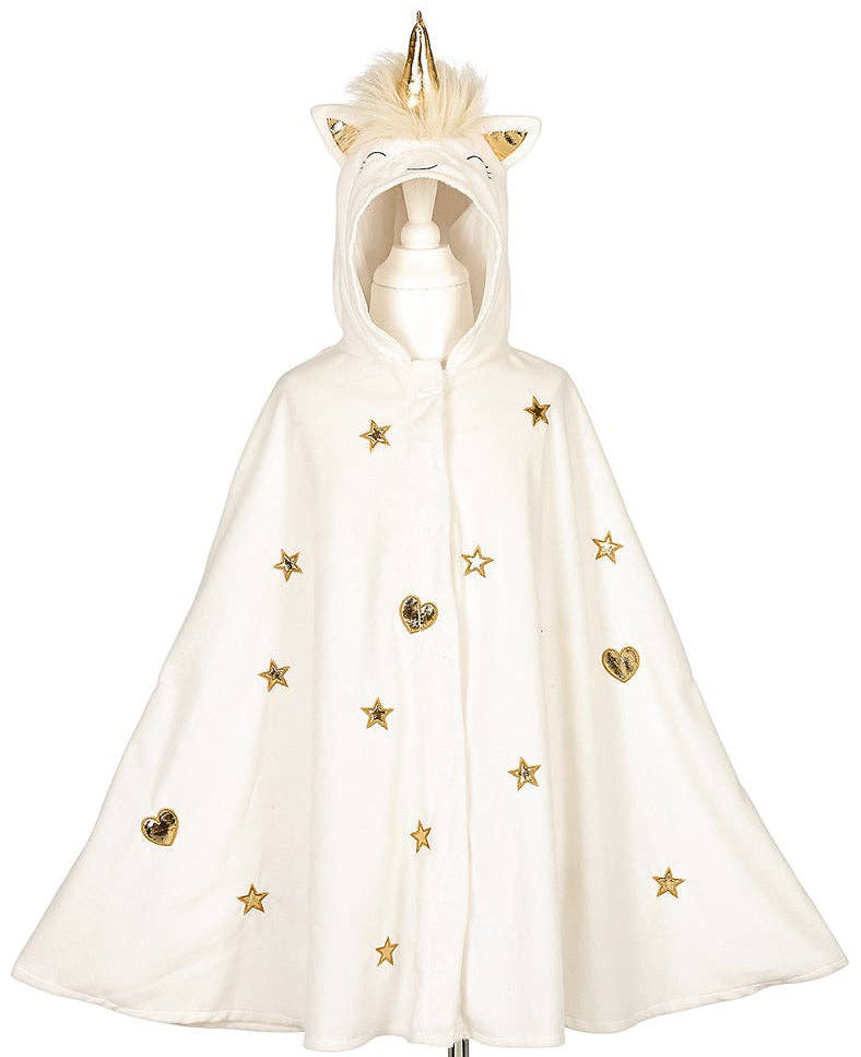 White hooded cloak with gold stars and unicorn design on a white background