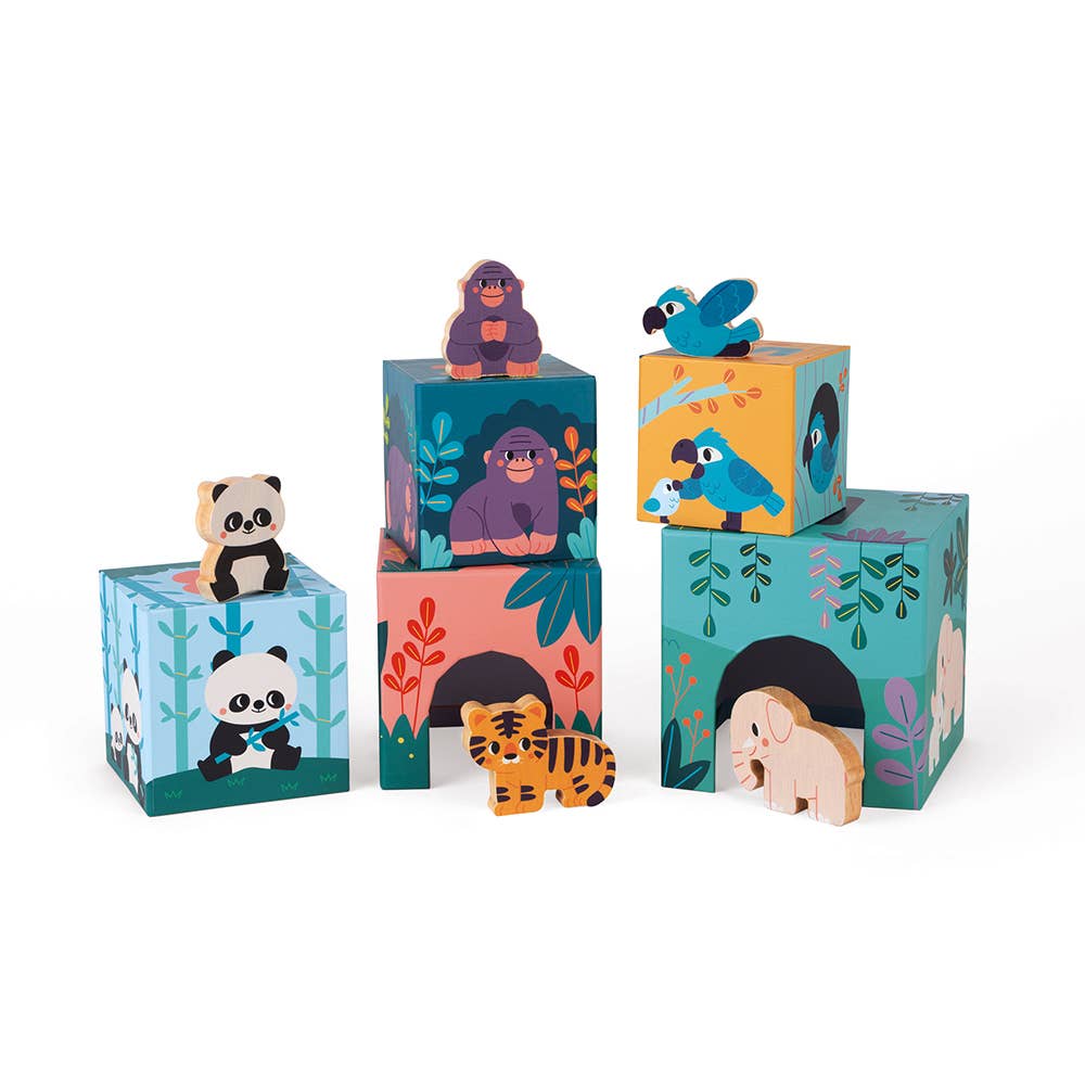 Stack of colorful children's blocks with animal illustrations on a white background