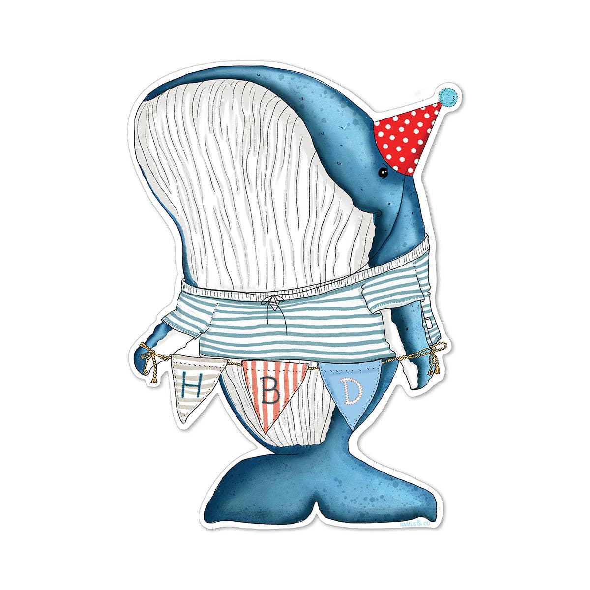 A die-cut sticker featuring a whimsical blue whale character wearing a red and white polka-dot party hat, a blue and white striped shirt, and holding a 'HBD' banner, shown on a plain white background.