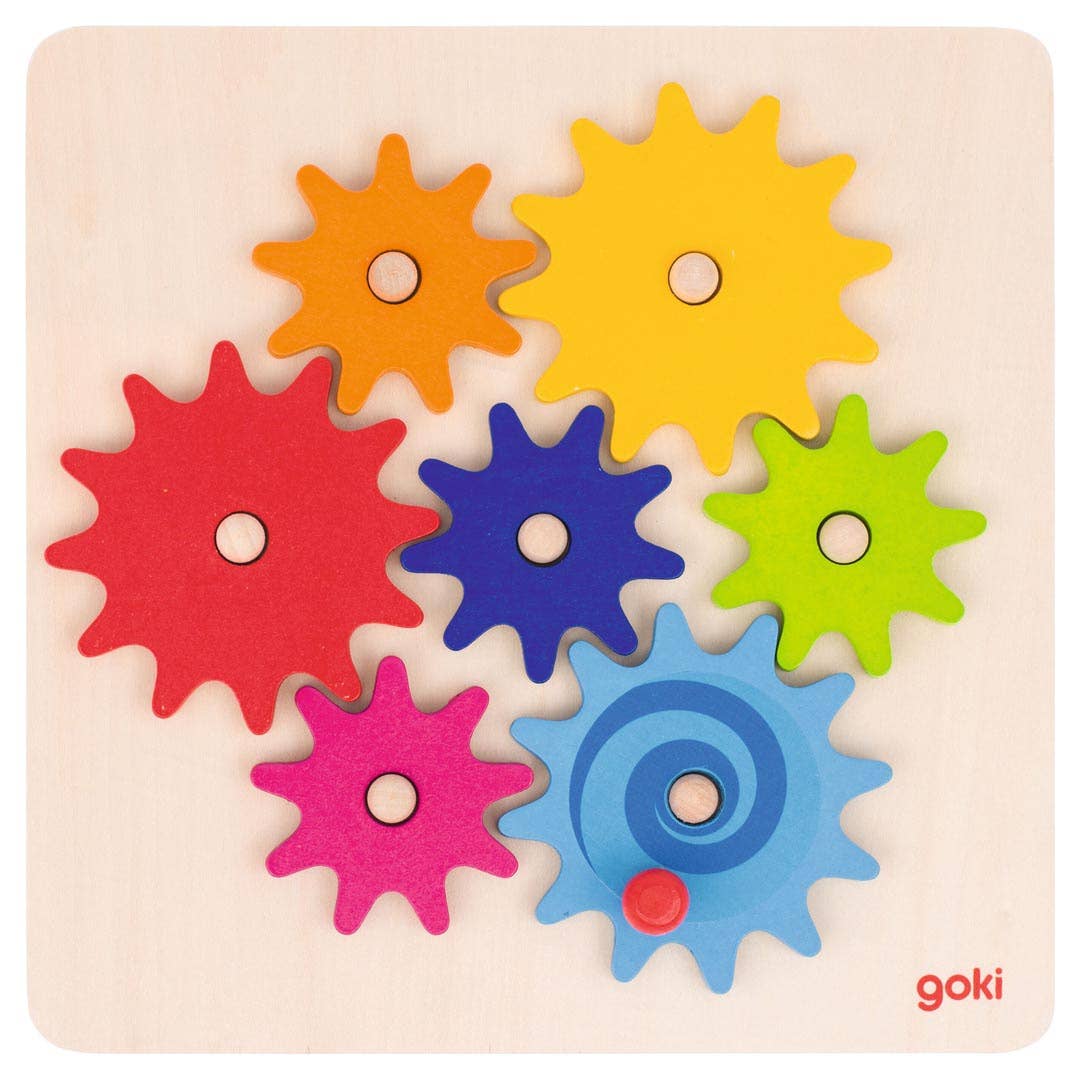 Colorful gear puzzle on a beige background with 'goki' branding.