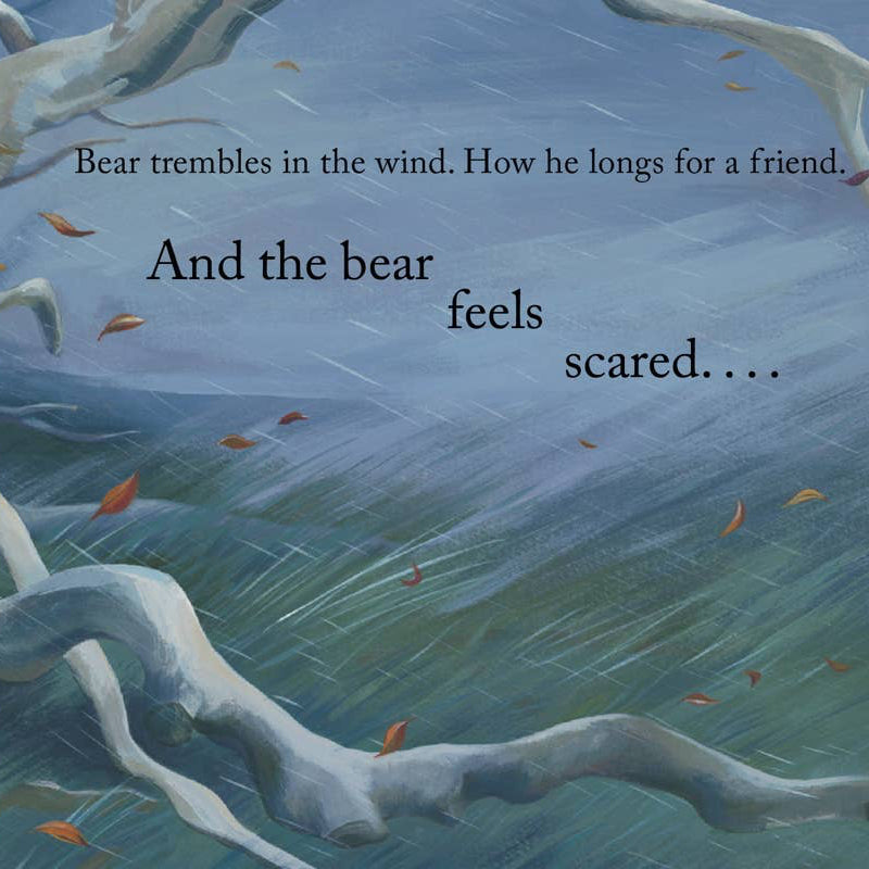 Illustration of a bear in a forest with text about the bear feeling scared.