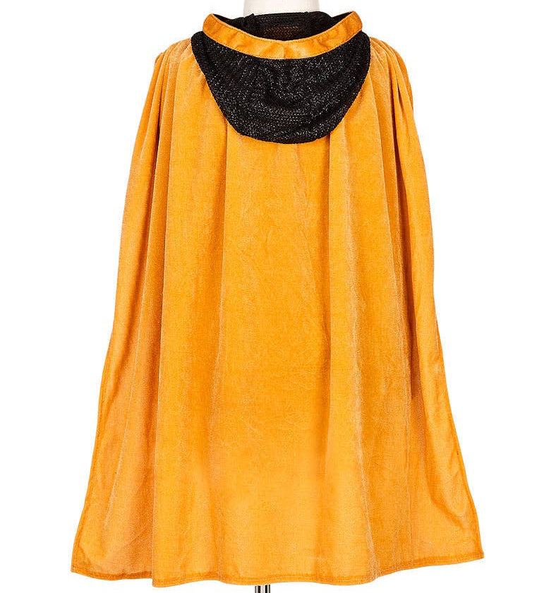 Orange cape with black trim on a mannequin against a white background