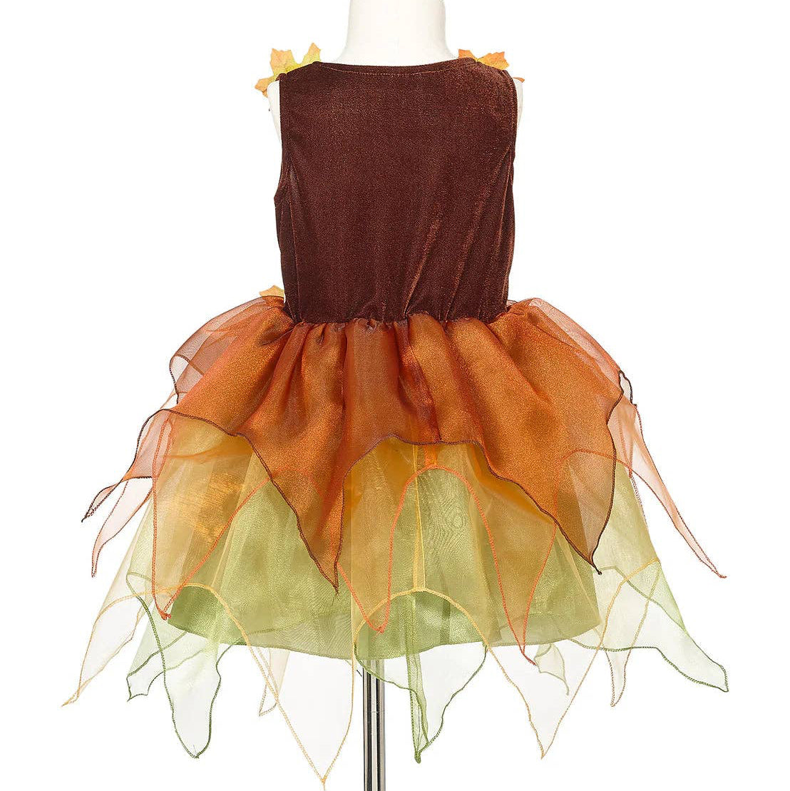 Children's dress with brown top and colorful layered skirt on a mannequin against a white background