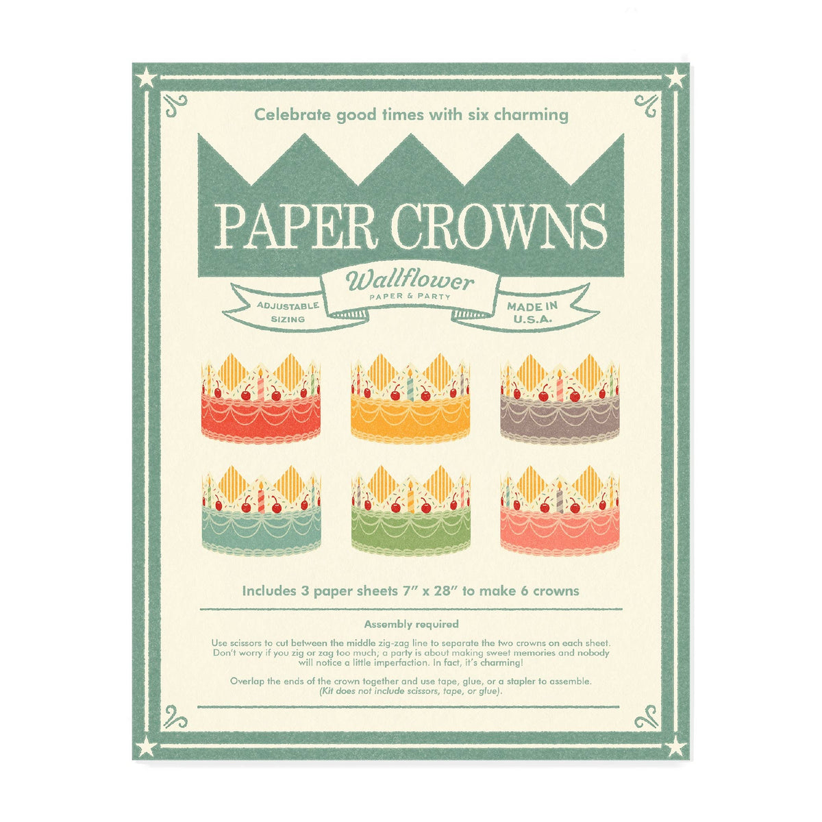A  product card for 'Paper Crowns' showing six illustrated crown designs in different colors on an off-white background, with green decorative border and text including 'PAPER CROWNS,' 'Wallflower,' and 'Made in U.S.