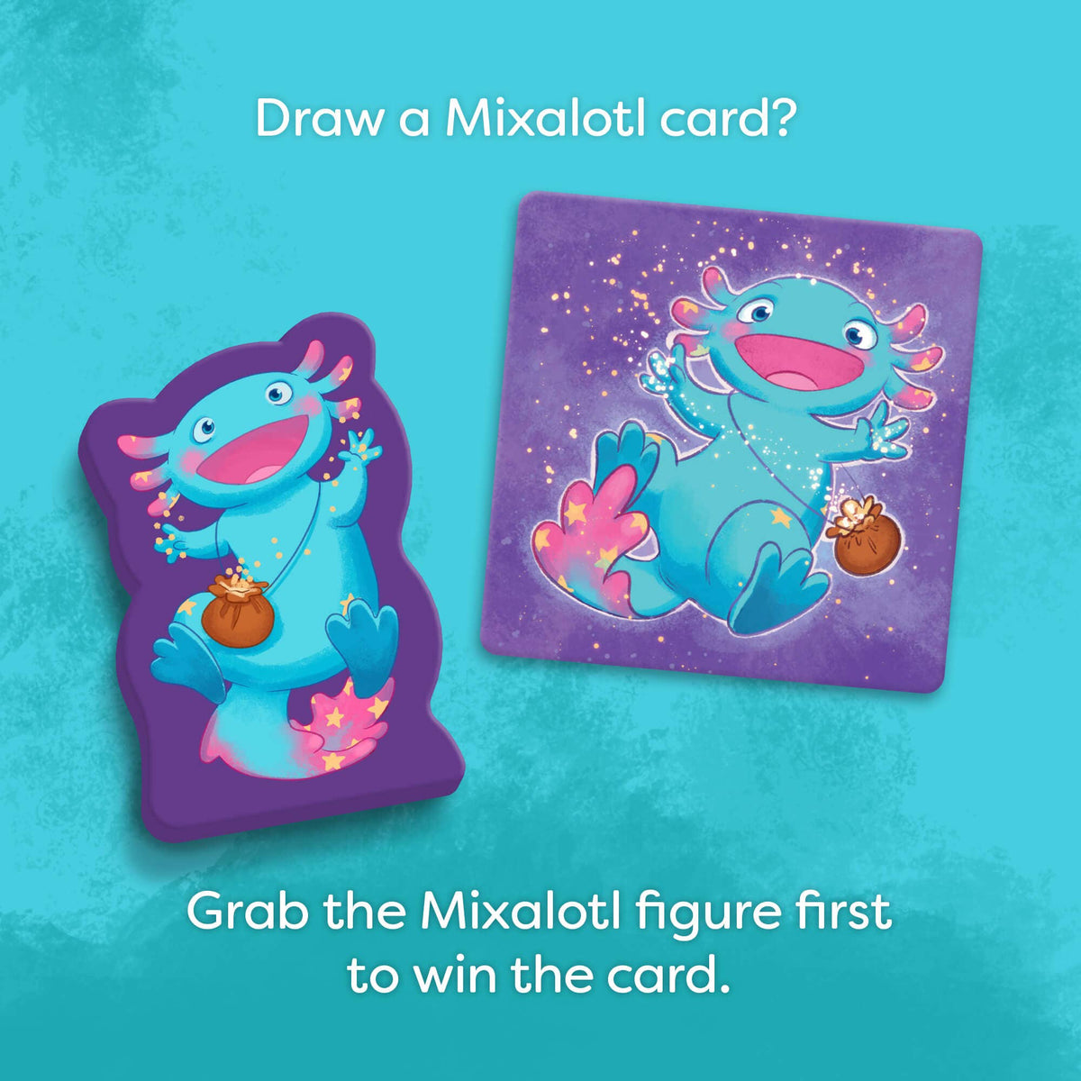 Two Mixaloti cards on a blue background with text inviting to draw a card and grab the figure first.